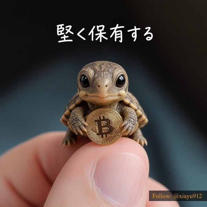 A tiny baby turtle perches on a person's fingertip, holding a Bitcoin coin, with Japanese text '堅く保有する' (Hold firmly) above.