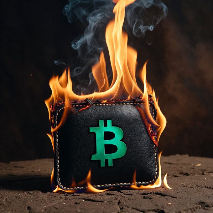 The image features a black wallet that has been burnt, with the word "bitcoin" written on it. The wallet is sitting on a rock or stone surface, which adds an element of ruggedness to the scene. The burning wallet serves as a visual representation of the concept of digital currency and its potential impact on traditional forms of money like physical currency.