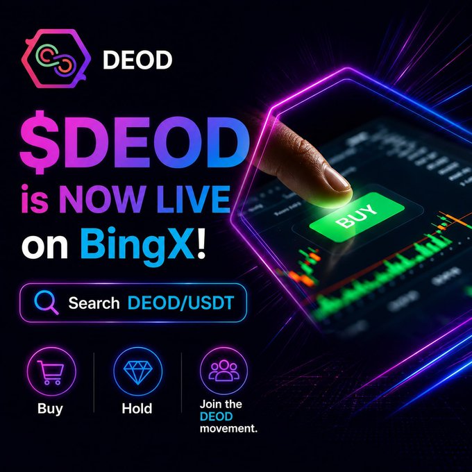 Promotional graphic announcing that the $DEOD token is now live for trading on BingX, featuring a finger pressing a green "BUY" button over a candlestick chart, alongside icons for "Buy," "Hold," and "Join the DEOD movement." The image visually reinforces the accompanying post's announcement about $DEOD's listing on BingX and invites users to search DEOD/USDT to participate.