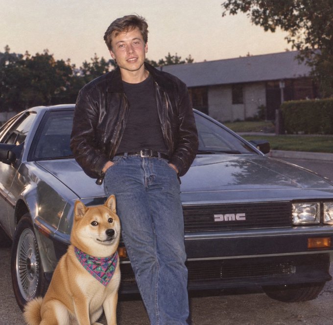 A young man in a black leather jacket leans against a silver DeLorean DMC car, with a Shiba Inu dog wearing a bandana sitting beside him.