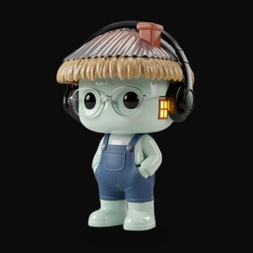 A 3D render of a small, green-skinned figurine wearing glasses, blue overalls, and headphones, with a red and brown textured hat.