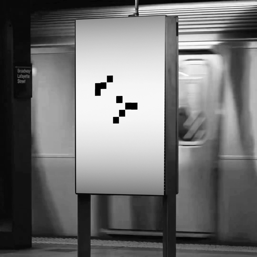 A black-and-white image captures a subway train in motion blur passing through the Broadway-Lafayette Street station, with a billboard in the foreground displaying abstract pixelated squares in a descending pattern. The post teases OKX's upcoming "OKX Now" event in Singapore, using the fast-moving subway train as a visual metaphor for the express journey toward the 6 October demos and deep-dives.