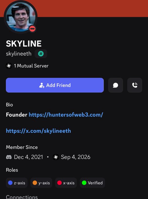 A Discord profile for 'SKYLINE' (skylineeth) listed as a Founder at https://huntersofweb3.com/ and https://x.com/skylineeth, with roles including z-axis, y-axis, x-axis, and Verified.