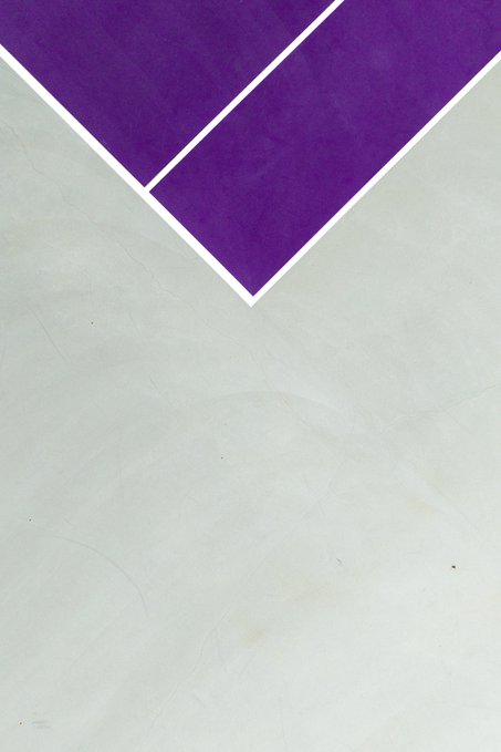A minimalist image showing two purple geometric shapes with white borders forming an inverted V or chevron pattern at the top against a textured off-white background.