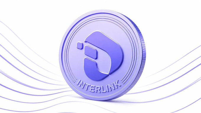 3D render of a purple translucent coin featuring an 'S' logo and 'INTERLINK' text, floating against a white background with flowing purple wave lines.