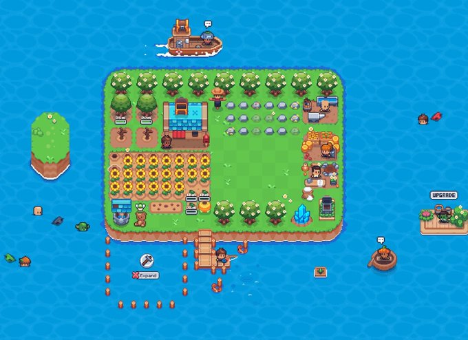 A pixel art screenshot of a farming and resource management game featuring a green island with crops, trees, characters, a boat, and various interactive stations like 'UPGRADE' and 'EXPAND'.