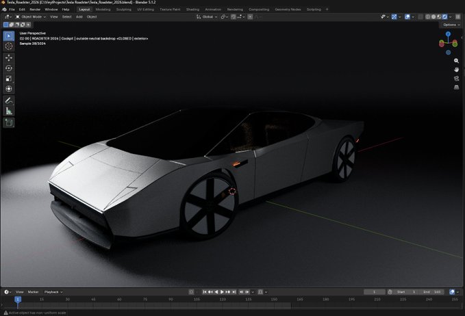 A screenshot of Blender 3D software displays a gray 3D model of a Tesla Roadster being edited, with the file path "Day4_Roadster_2026.blend" visible at the top. The image reflects the post's reference to "Codex" working extensively on a Tesla Roadster model, showcasing the "personal" long-term project mentioned by the creator.