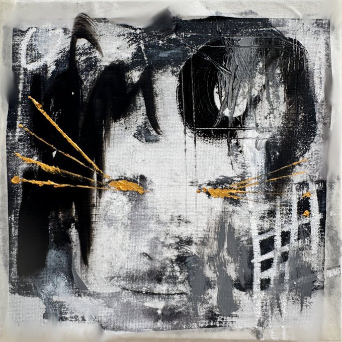 An abstract mixed-media portrait in black, white, and gray with striking gold leaf accents across the eyes, representing "OBELISK," one of only 21 oil paintings remaining in the collection by artist nine_lives_kat. The expressive, weathered composition with its visible canvas texture and dramatic golden whiskers embodies the limited-edition series mentioned in the post.