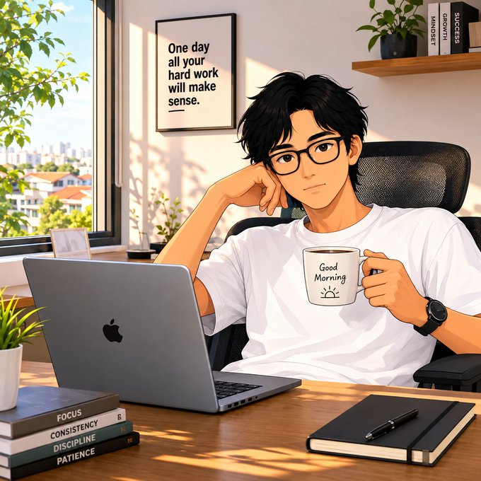 An anime-style illustration depicts a young man with glasses sitting at a desk with a laptop, holding a 'Good Morning' mug, with framed text reading 'One day all your hard work will make sense.' and books labeled 'FOCUS', 'CONSISTENCY', 'DISCIPLINE', and 'PATIENCE'.