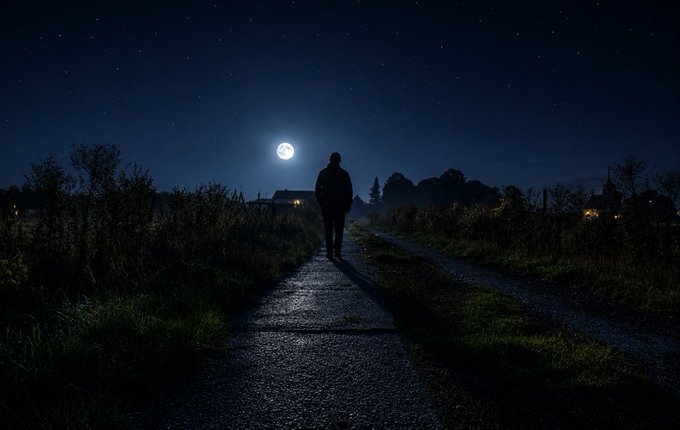 A silhouetted figure walks down a dark country road illuminated by a bright full moon under a starry night sky.