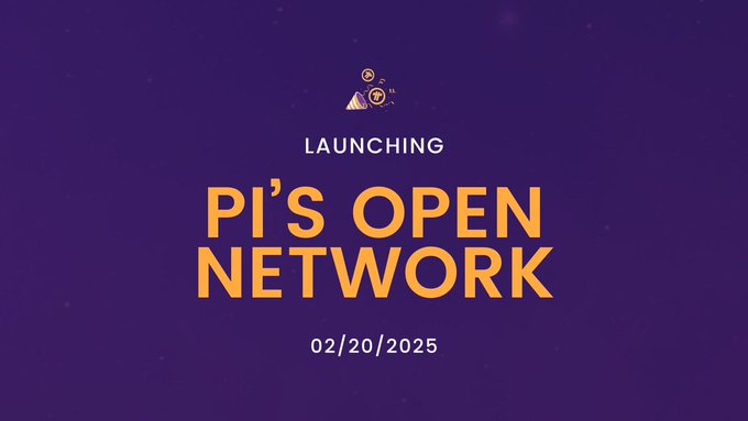This image announces the launch of "Pi's Open Network" on 02/20/2025, signaling its readiness for external connectivity and wider integration. The visual directly supports the post's news about the Open Network enabling external transactions and connections.
