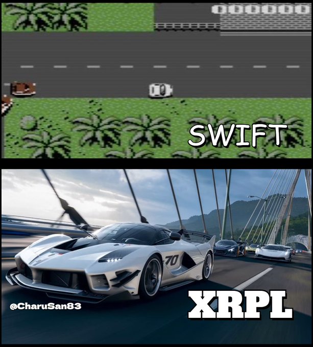 A meme contrasting the simple 8-bit racing game "SWIFT" with the sleek, high-performance supercar "XRPL," humorously suggesting that the XRP Ledger is far more advanced and powerful than Swift for handling global financial transactions at lightning speed, aligning with the bullish claim of "XRP $589."