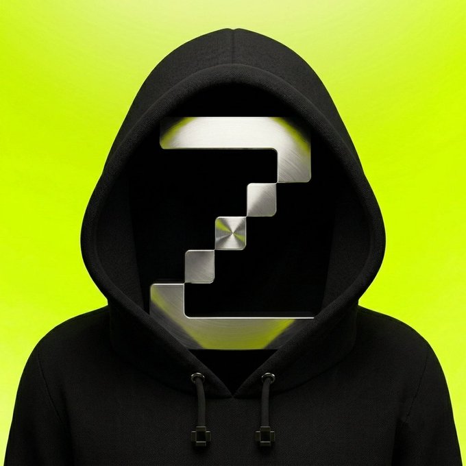 Mysterious figure in a black hoodie with a metallic, segmented 'Z' logo covering its face against a bright green-yellow background.