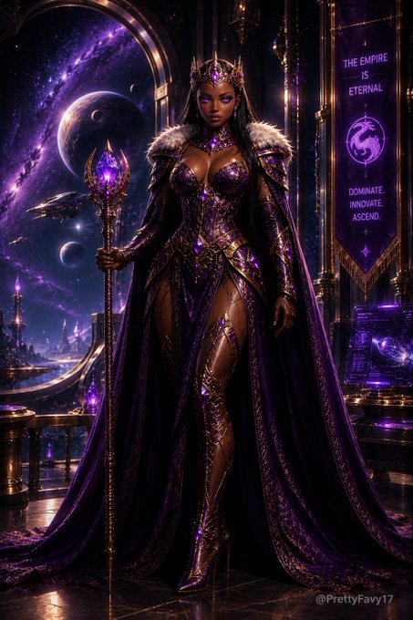 A fantasy digital artwork of a powerful dark-skinned queen in ornate purple and gold armor with a fur-trimmed cape, holding a glowing purple crystal scepter. A banner behind her reads 'THE EMPIRE IS ETERNAL — DOMINATE. INNOVATE. ASCEND.' Watermark: @PrettyFavy17.