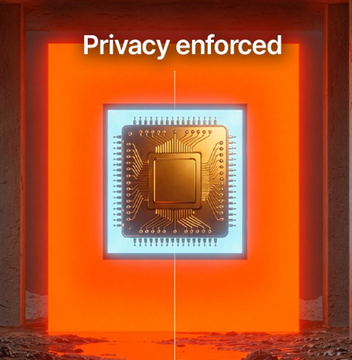 A glowing microchip displayed against an orange-lit background with the text 'Privacy enforced' at the top.
