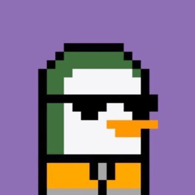 A pixel-art penguin character wearing sunglasses, a green and white hoodie, and orange pants stands against a purple background. The retro-style mascot and "NFT comeback???" caption suggest a playful take on the resurgence of pixel-art NFTs in the crypto space.