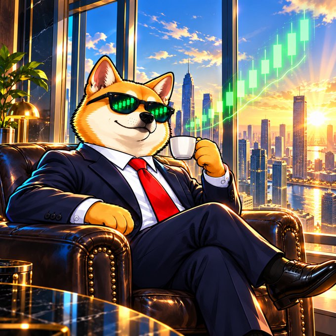 An AI-generated illustration depicts a Shiba Inu dog wearing a dark suit, red tie, and green sunglasses, sitting in a leather chair holding a cup with a green stock chart and city skyline in the background.