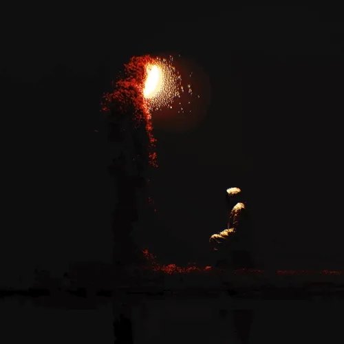 A dark, atmospheric scene showing a figure in a green cloak and sombrero-like hat standing on cracked earth as a massive plume of lava and sparks erupts into the night sky.