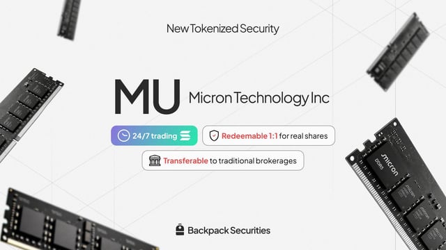 The image features a white background with black text that reads "New tokenized security". Below this, there are several black computer parts scattered throughout the image. The main focus of the image is a large black computer part labeled "MU" on top right corner. In the bottom left corner, there's a small black box with a red circle and white text that says "Issued by Backpack Securities", and in the bottom right corner, there are two smaller black boxes with the words "Backpack Security" written on them. The image also includes a link to the website "BackpackSecurity".