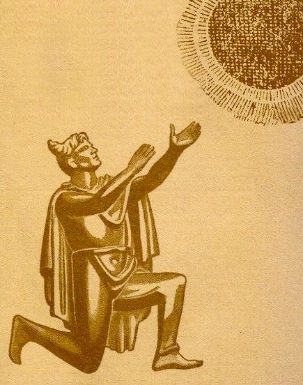 A stylized sepia-toned illustration depicts a kneeling figure wearing a crown and flowing robes, with arms raised toward a radiant sun-like sphere in the upper right corner, rendered with halftone dot printing on a tan background.
