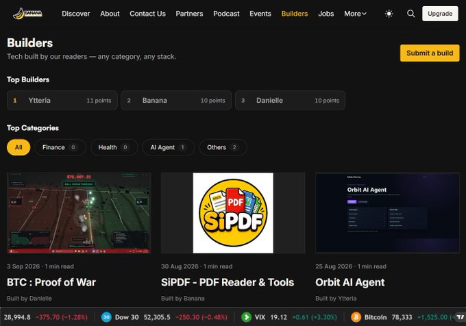A screenshot of a 'Builders' webpage from Banana with navigation tabs (Discover, About, Contact Us, Partners, Podcast, Events, Builders, Jobs, More). Top Builders listed are Ytteria, Banana, and Danielle. Three featured builds shown: 'BTC : Proof of War', 'SiPDF - PDF Reader & Tools', and 'Orbit AI Agent'.