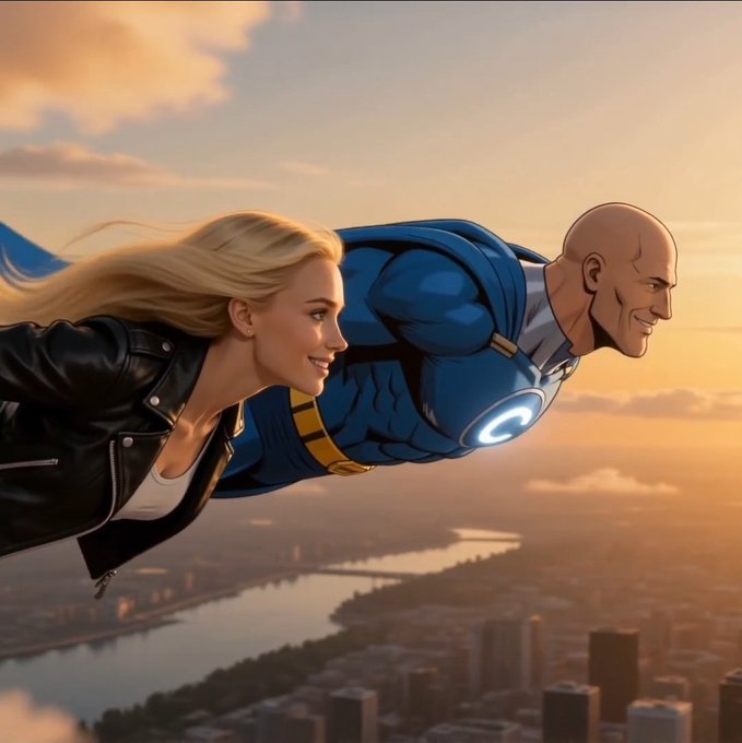 A blonde woman and a bald man in a blue superhero suit soar through a sunset sky above a river and city skyline, with the man's chest glowing with a circular power core, illustrating the "superhero me" concept where a user's account is transformed into a flying superhero ready for its own coin launch and $500 prize.