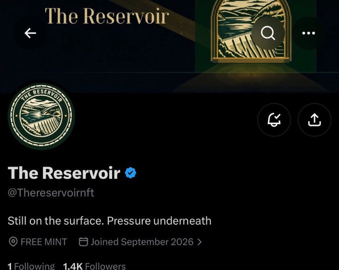 The image shows a Twitter/X profile page for "The Reservoir" (@Thereservoirnft), a verified account with a blue checkmark, 1.4K followers, and 1 following, joined September 2026. The profile features a circular logo depicting a terraced landscape and the bio reads "Still on the surface. Pressure underneath," with a "FREE MINT" tag. This profile serves as the source of the giveaway mentioned in the post, where 3 free mint spots for The Reservoir NFT collection are being offered by @lethalinj in exchange for following, retweeting, and commenting with an EVM wallet within 10 hours.