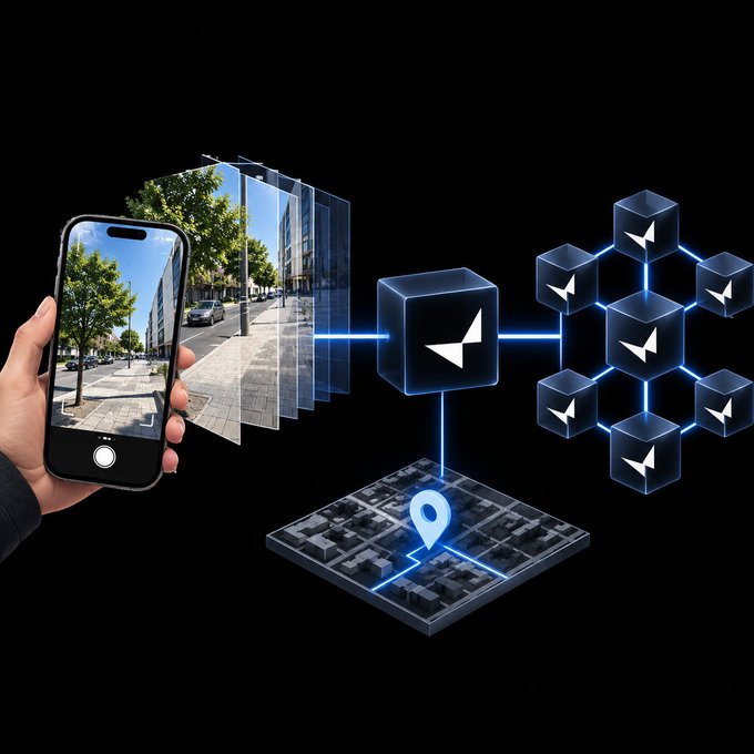 A conceptual graphic illustrating mobile location-based technology, showing a smartphone capturing an image that connects via a glowing network to a map and a blockchain of cubes.