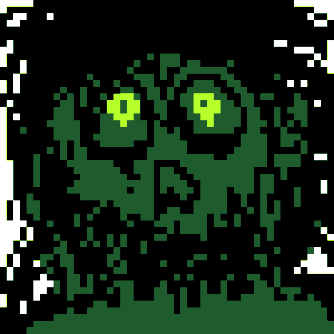 A pixelated green character with glowing eyes stares out from a dark, blocky background.