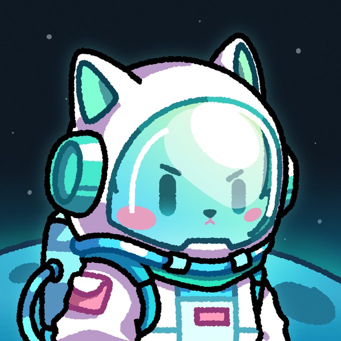 A cute cartoon illustration of an astronaut cat with cat ears on its helmet, featuring a sad expression and pink blushing cheeks, set against a starry space backdrop.