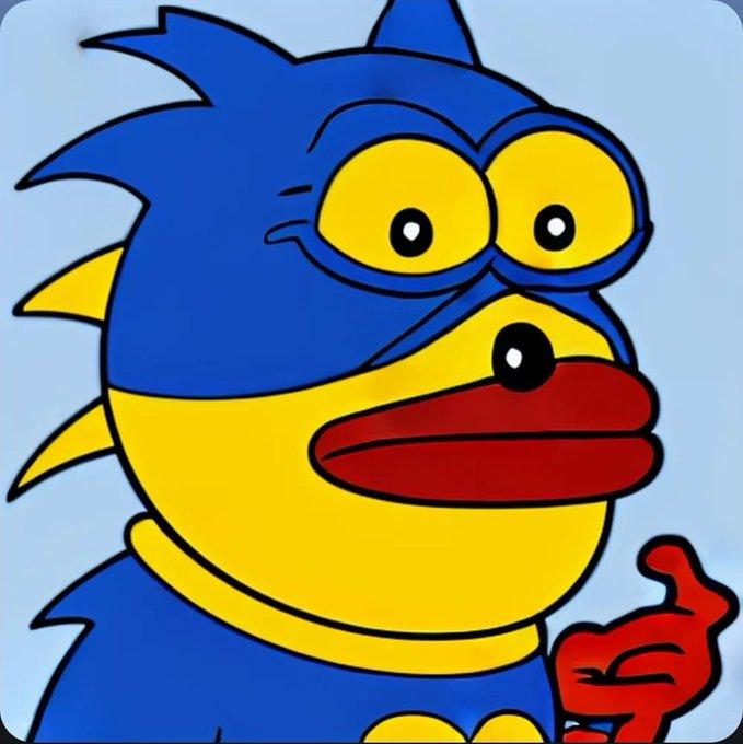A cartoon blue and yellow character with large, wide eyes and red lips points a finger while looking bewildered.