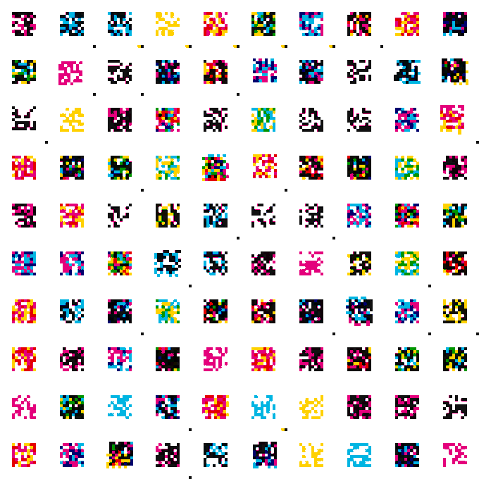 A grid of pixel art sprites featuring various small characters and creatures in multiple colors against a white background.