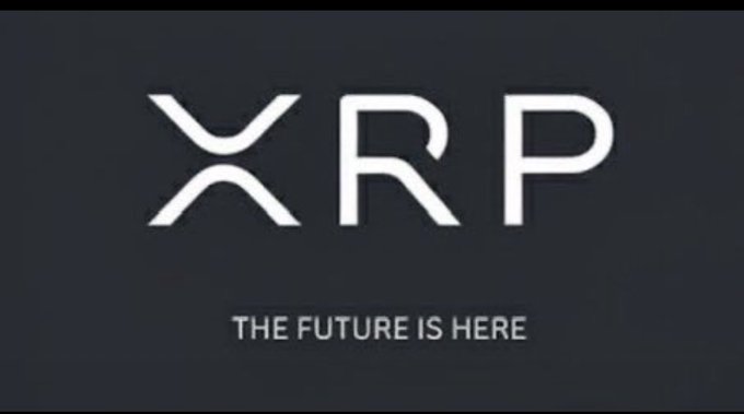 A dark logo for the cryptocurrency XRP is displayed with the tagline 'THE FUTURE IS HERE' written below it.