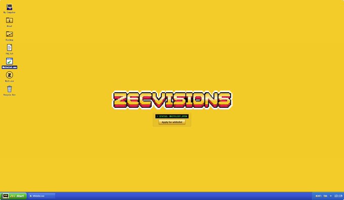 A yellow computer desktop screen displaying the 'ZECVISIONS' logo with a 'BEGIN INSTALL' button, featuring a Windows-style taskbar at the bottom.