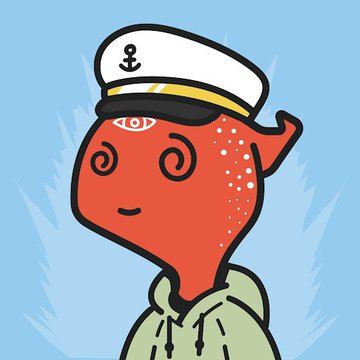 A cartoon illustration of a red-skinned character with pointed ears and swirly eyes wearing a white sailor hat and green hoodie against a light blue background.
