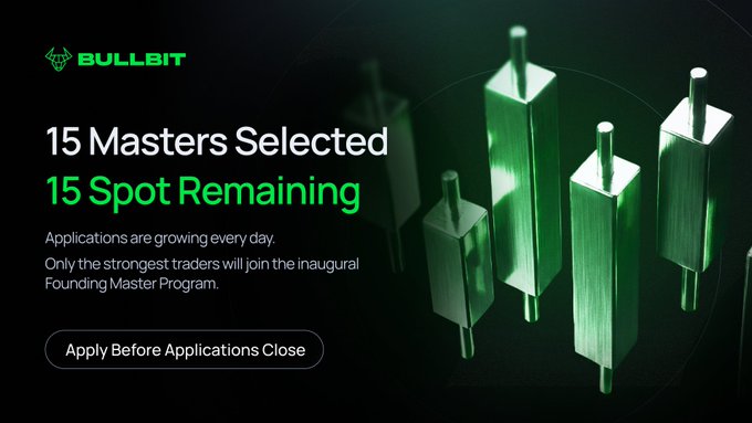 A promotional banner for 'BULLBIT' stating '15 Masters Selected, 15 Spot Remaining' for their Founding Master Program, featuring green-lit 3D candle-like graphics.