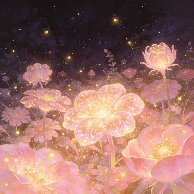 A digital illustration of luminous, glowing pink and gold flowers with sparkling particles set against a dark, starry night sky background.