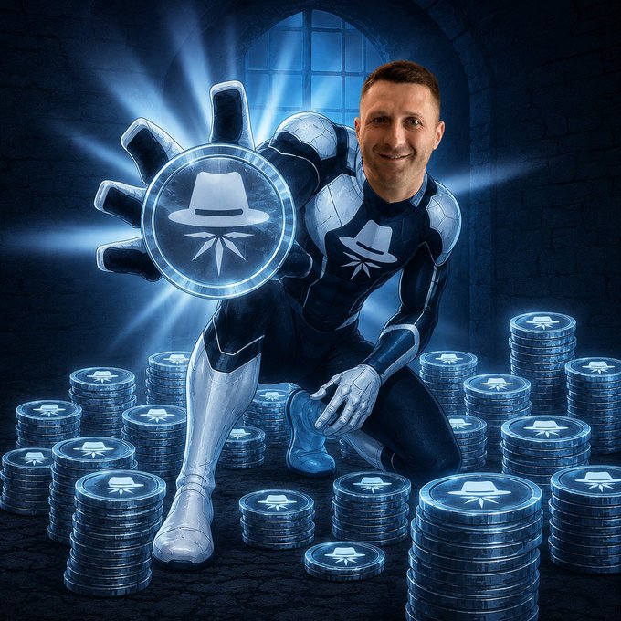 A digitally edited image shows a man's smiling face superimposed onto a superhero-like body surrounded by stacks of blue cryptocurrency coins featuring a hat logo.