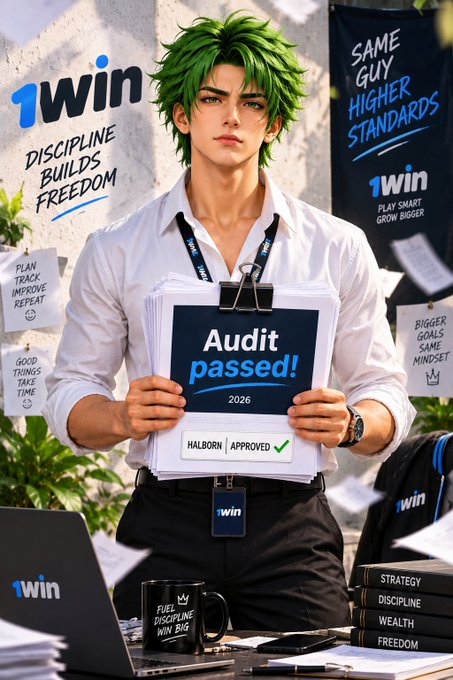An anime-style illustration of a young man with green hair wearing a white shirt, holding an 'Audit passed!' document, surrounded by '1win' branding with phrases like 'Discipline Builds Freedom' and 'Same Guy Higher Standards.'