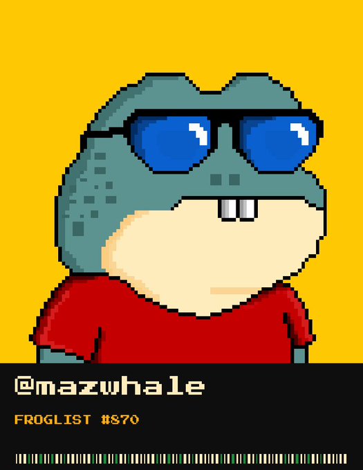 A pixel art frog wearing blue sunglasses and a red shirt is displayed on a yellow background, with a black banner below reading "@mazwhale" and "FROGLIST #870," celebrating the owner's inclusion as frog #870 in the ZEC Frogs pixel art collection on the Zcash blockchain.