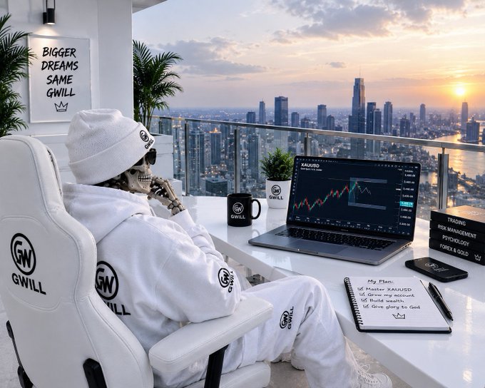 A skeletal figure dressed in white GWILL streetwear sits in a gaming chair overlooking a city skyline at sunset, with a laptop displaying XAU/USD trading charts and a notepad listing 'My Plan: Master XAUUSD, Grow my account, Make wealth, Give glory to God.'
