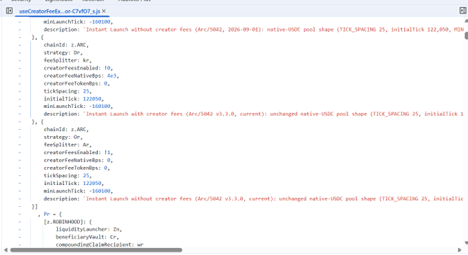 A screenshot displays a code snippet titled 'uneCreatorFees_or-CFDOT.sjg', detailing smart contract configurations involving 'unclaimed: z.ARC', 'feeSplitter: kr', and 'Instant Launch with creator fees'.