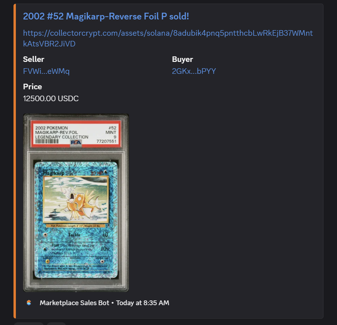 A screenshot of a marketplace sale notification for a "2002 #52 Magikarp-Reverse Foil P" PSA 9 Pokemon card sold for 12500.00 USDC on collectorcrypt.com.