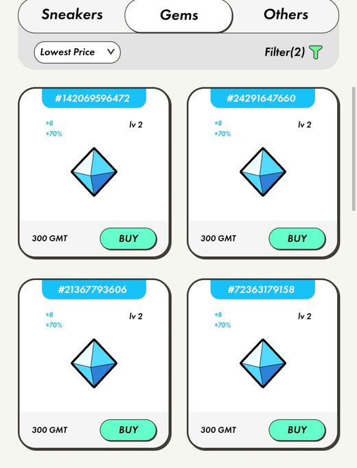 A mobile marketplace interface showing digital gem collectibles categorized under 'Gems', with four Level 2 items (#142069596472, #24291647660, #21367793606, #72363179158) priced at 300 GMT each and a +70% stat bonus.