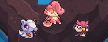 Pixel art featuring three small creatures—a purple one, a pink fluffy creature, and a purple owl-like character—on a rocky surface.