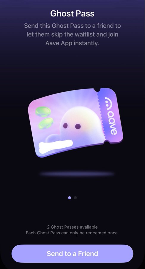 A dark-themed app screen titled 'Ghost Pass' invites users to send a pass to friends to skip the waitlist, featuring an illustration of a cute ghost and a 'Send to a Friend' button.