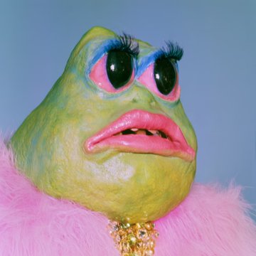 A close-up of a grotesque, surreal puppet-like creature with green skin, large glossy black eyes with prominent eyelashes, pink lips showing teeth, and a fluffy pink collar.