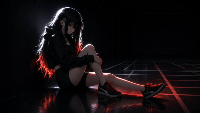 Anime-style artwork of a young woman with long black hair that fades to red at the tips, wearing a black hoodie and shorts, sitting in a dark, grid-lined room.