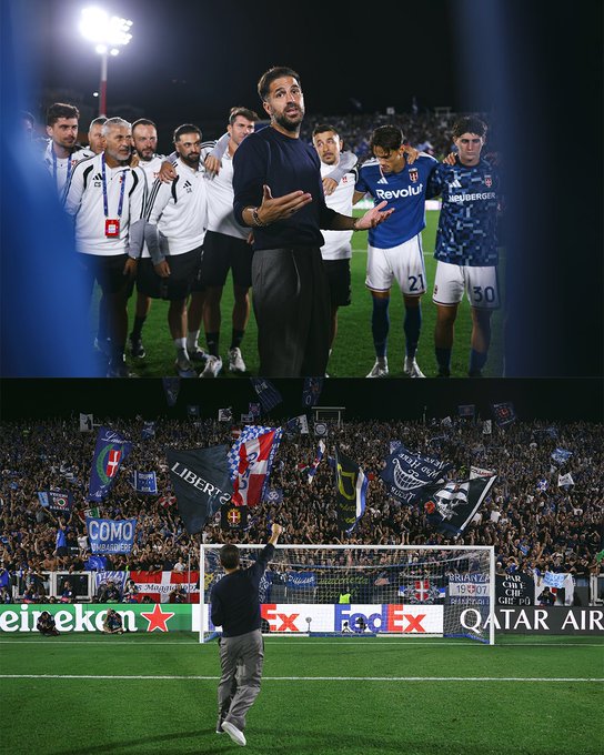 A bearded Cesc Fàbregas walks arm-in-arm with his Como coaching staff and players (numbers 21 and 30 visible on their kits) across the pitch, while the image below shows him celebrating alone with raised arms before a roaring crowd waving "COMO" flags and a "FC BARCELONA" banner amid Heineken, FedEx, and Qatar Airways signage—capturing the post-Como 1907 vs. Barcelona match. The scene embodies the caption's claim about Fàbregas being beloved, as even Barcelona fans and players appear to embrace the rising manager in a moment of mutual respect.