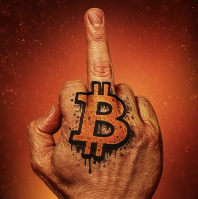 An illustration shows a hand giving the middle finger, with an orange Bitcoin logo dripping like paint on the back of the hand against a fiery red background.